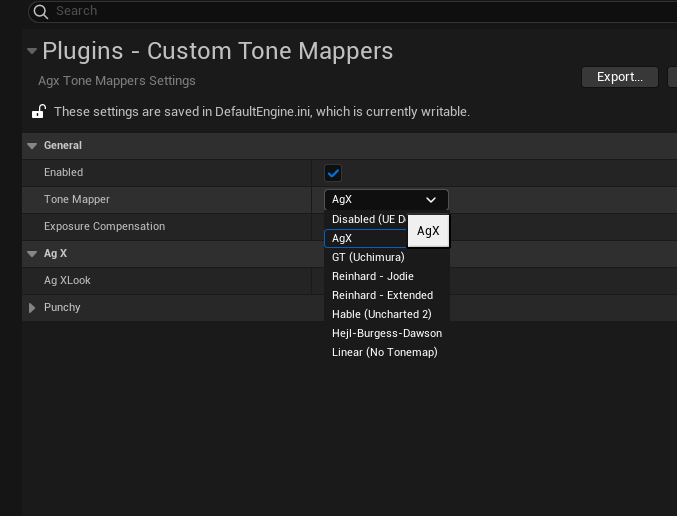 Dropdown showing all 7 tone mapper options
